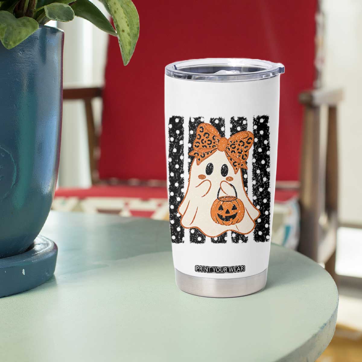 Cute Sheet Ghost with Bow Tie and Pumpkin Bucket Halloween Graphic Tumbler Cup