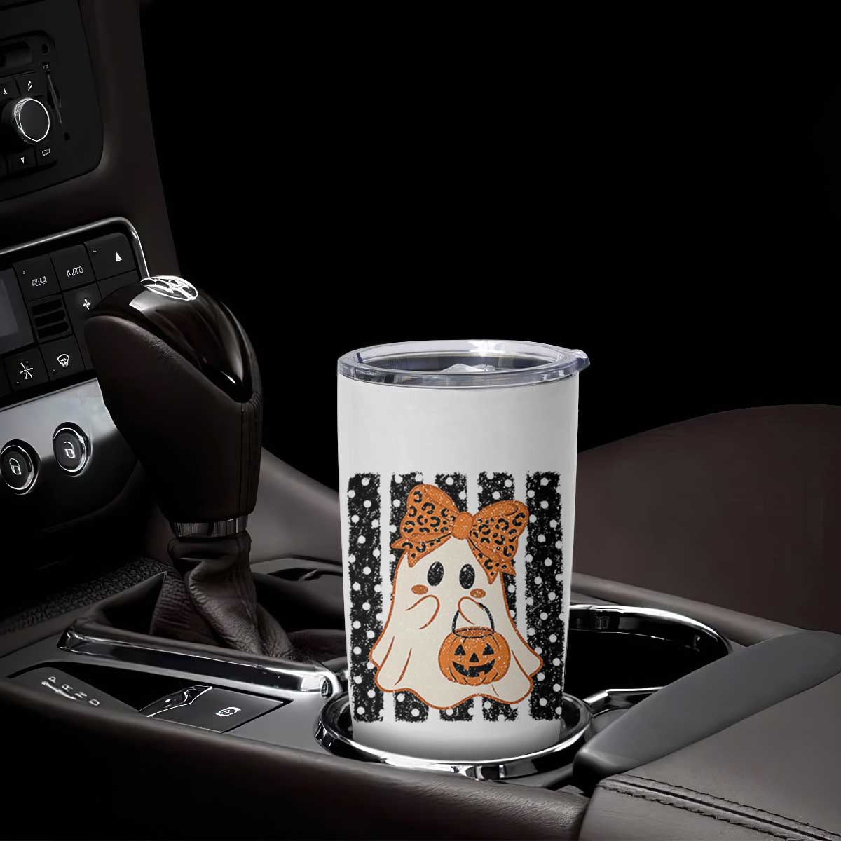 Cute Sheet Ghost with Bow Tie and Pumpkin Bucket Halloween Graphic Tumbler Cup