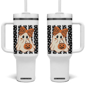 Cute Sheet Ghost with Bow Tie and Pumpkin Bucket Halloween Graphic Tumbler With Handle
