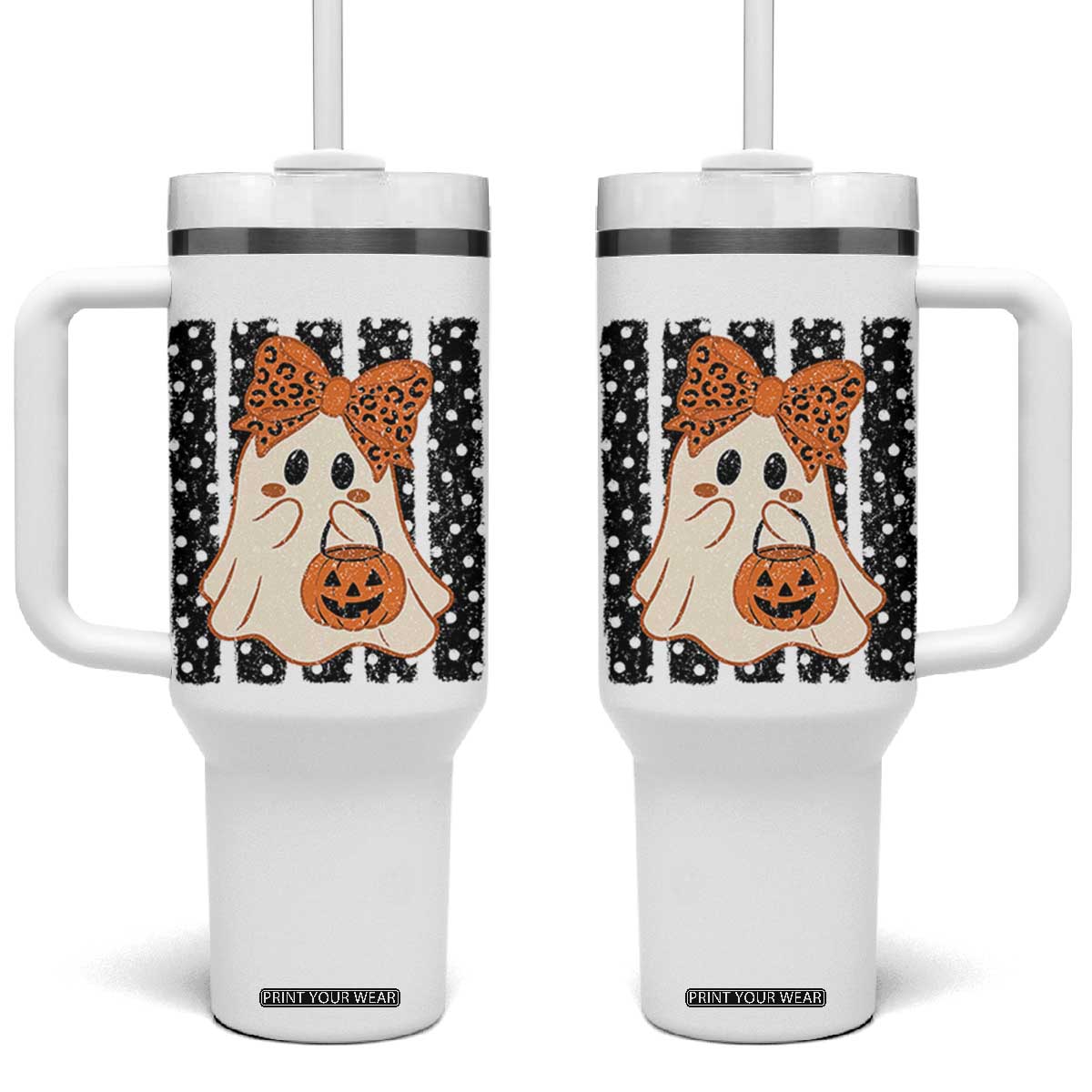 Cute Sheet Ghost with Bow Tie and Pumpkin Bucket Halloween Graphic Tumbler With Handle