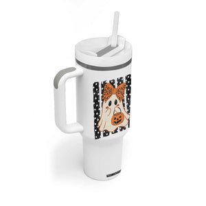 Cute Sheet Ghost with Bow Tie and Pumpkin Bucket Halloween Graphic Tumbler With Handle