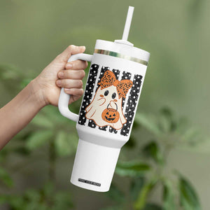 Cute Sheet Ghost with Bow Tie and Pumpkin Bucket Halloween Graphic Tumbler With Handle
