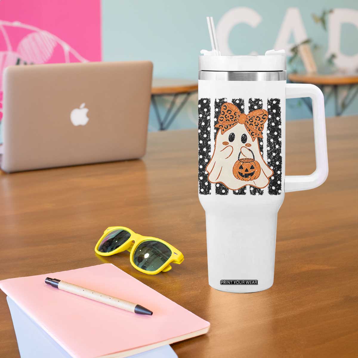 Cute Sheet Ghost with Bow Tie and Pumpkin Bucket Halloween Graphic Tumbler With Handle