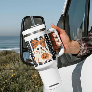 Cute Sheet Ghost with Bow Tie and Pumpkin Bucket Halloween Graphic Tumbler With Handle