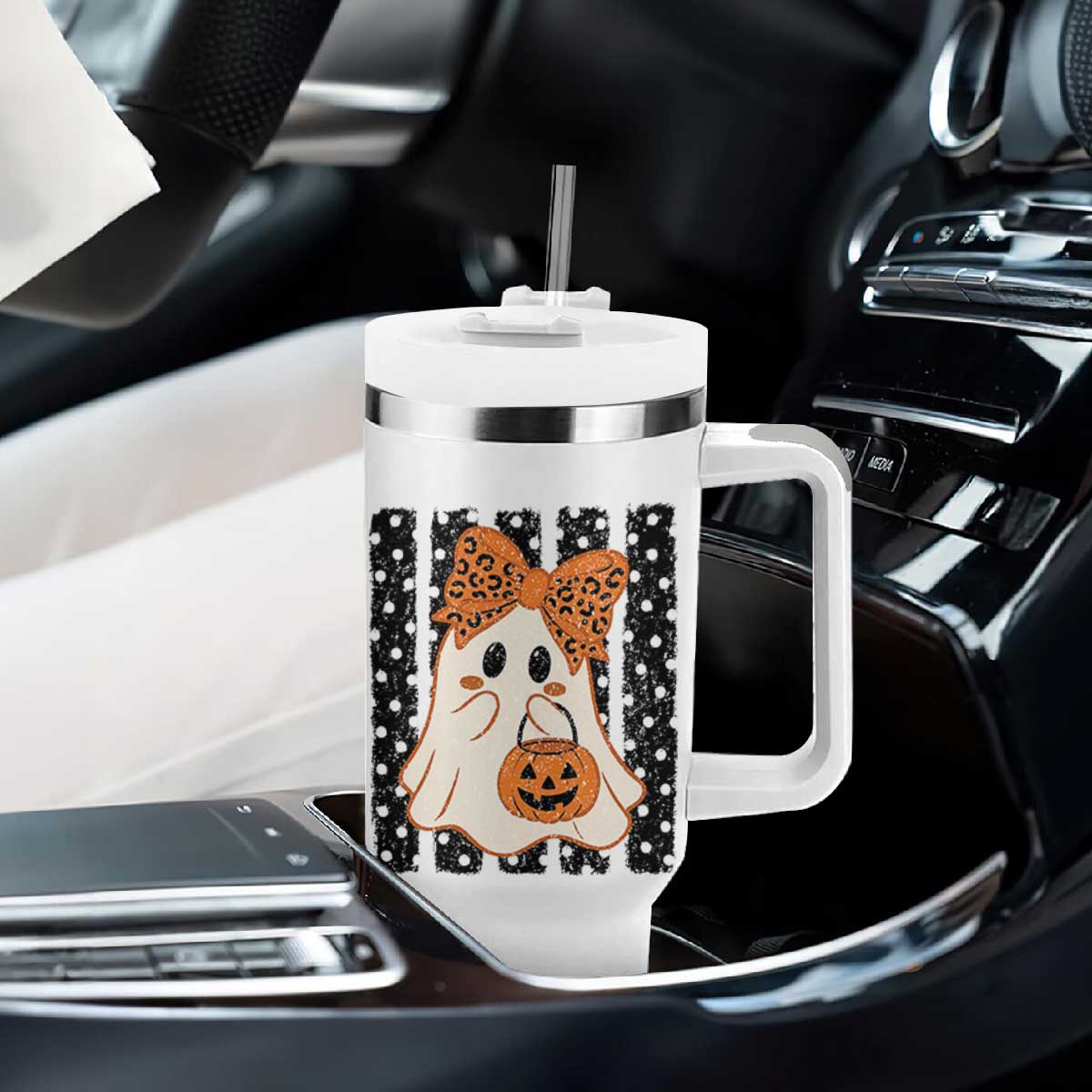 Cute Sheet Ghost with Bow Tie and Pumpkin Bucket Halloween Graphic Tumbler With Handle