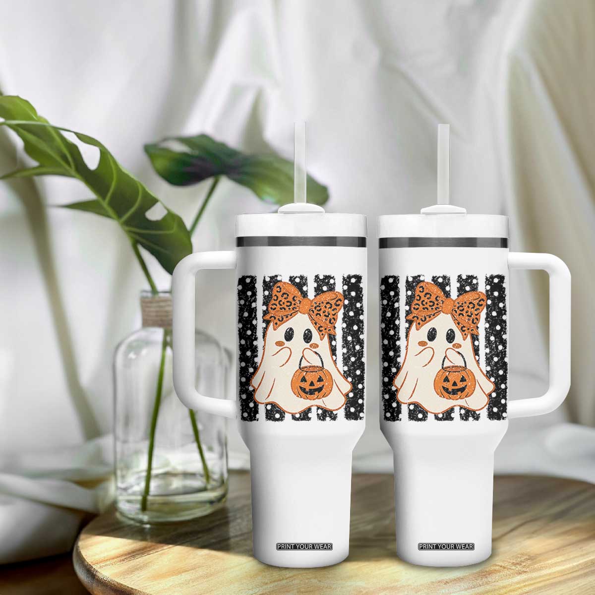 Cute Sheet Ghost with Bow Tie and Pumpkin Bucket Halloween Graphic Tumbler With Handle