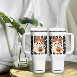 Cute Sheet Ghost with Bow Tie and Pumpkin Bucket Halloween Graphic Tumbler With Handle