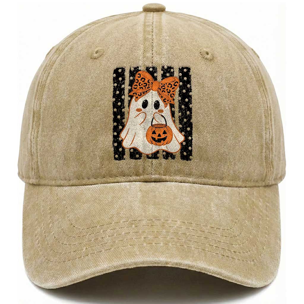 Cute Sheet Ghost with Bow Tie and Pumpkin Bucket Halloween Graphic Washed Cotton Baseball Cap