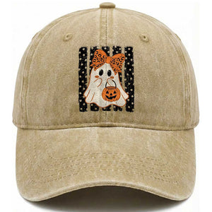 Cute Sheet Ghost with Bow Tie and Pumpkin Bucket Halloween Graphic Washed Cotton Baseball Cap