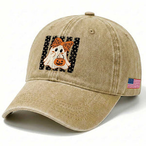Cute Sheet Ghost with Bow Tie and Pumpkin Bucket Halloween Graphic Washed Cotton Baseball Cap