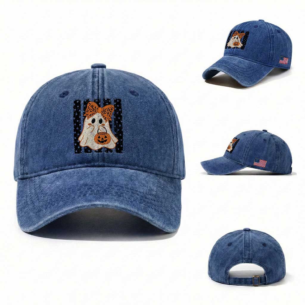 Cute Sheet Ghost with Bow Tie and Pumpkin Bucket Halloween Graphic Washed Cotton Baseball Cap