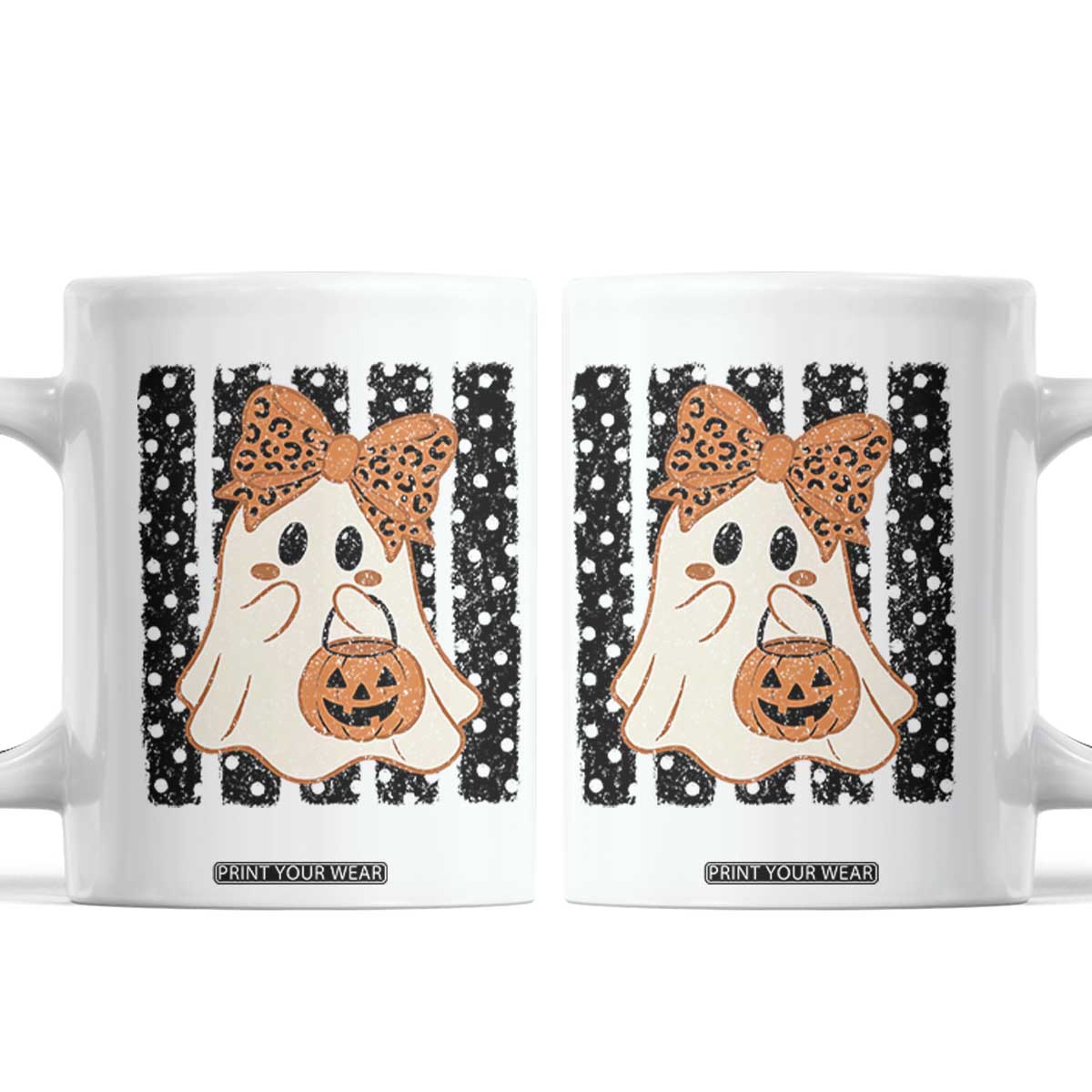 Cute Sheet Ghost with Bow Tie and Pumpkin Bucket Halloween Graphic Coffee Mug