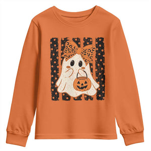 Cute Sheet Ghost with Bow Tie and Pumpkin Bucket Halloween Graphic Youth Sweatshirt