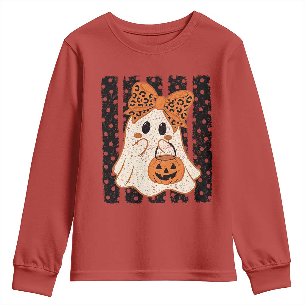Cute Sheet Ghost with Bow Tie and Pumpkin Bucket Halloween Graphic Youth Sweatshirt