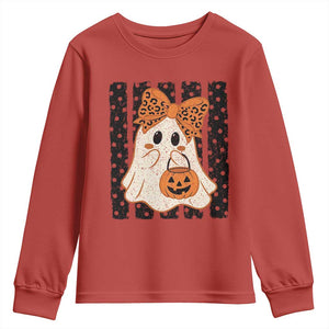 Cute Sheet Ghost with Bow Tie and Pumpkin Bucket Halloween Graphic Youth Sweatshirt