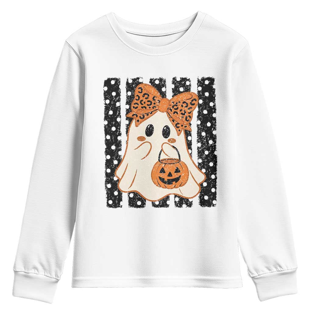 Cute Sheet Ghost with Bow Tie and Pumpkin Bucket Halloween Graphic Youth Sweatshirt