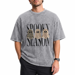 Spooky Season Camo Leopard Checkered Ghosts Halloween Graphic Washed Cotton T-Shirt
