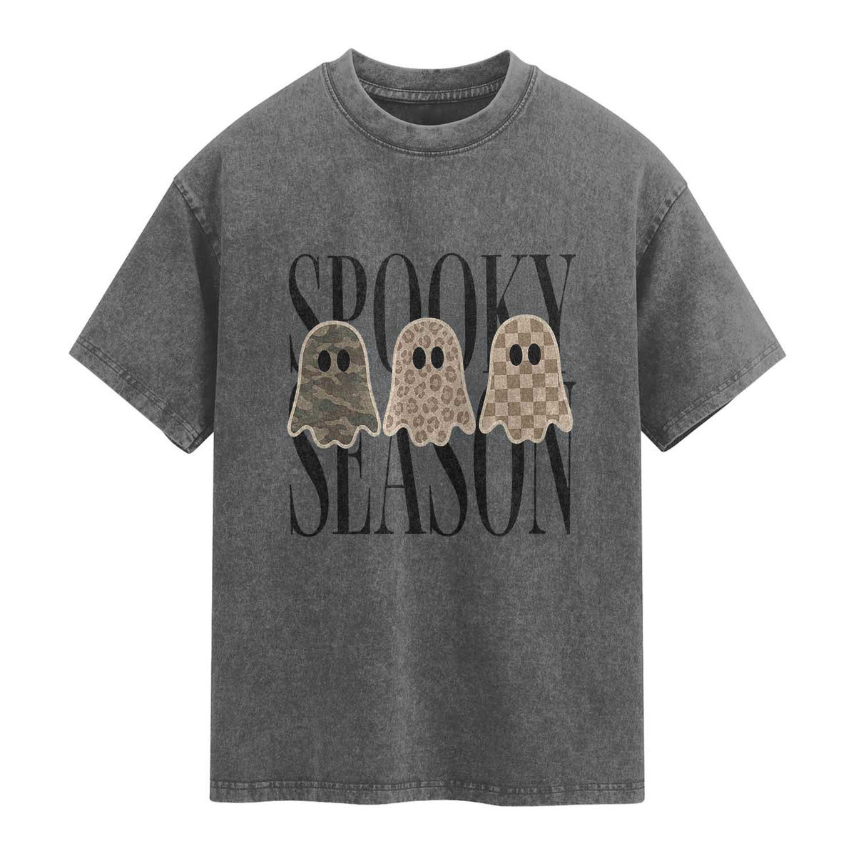 Spooky Season Camo Leopard Checkered Ghosts Halloween Graphic Washed Cotton T-Shirt