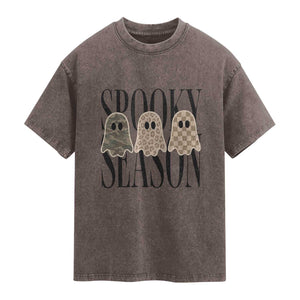 Spooky Season Camo Leopard Checkered Ghosts Halloween Graphic Washed Cotton T-Shirt