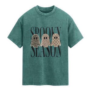 Spooky Season Camo Leopard Checkered Ghosts Halloween Graphic Washed Cotton T-Shirt