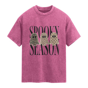 Spooky Season Camo Leopard Checkered Ghosts Halloween Graphic Washed Cotton T-Shirt