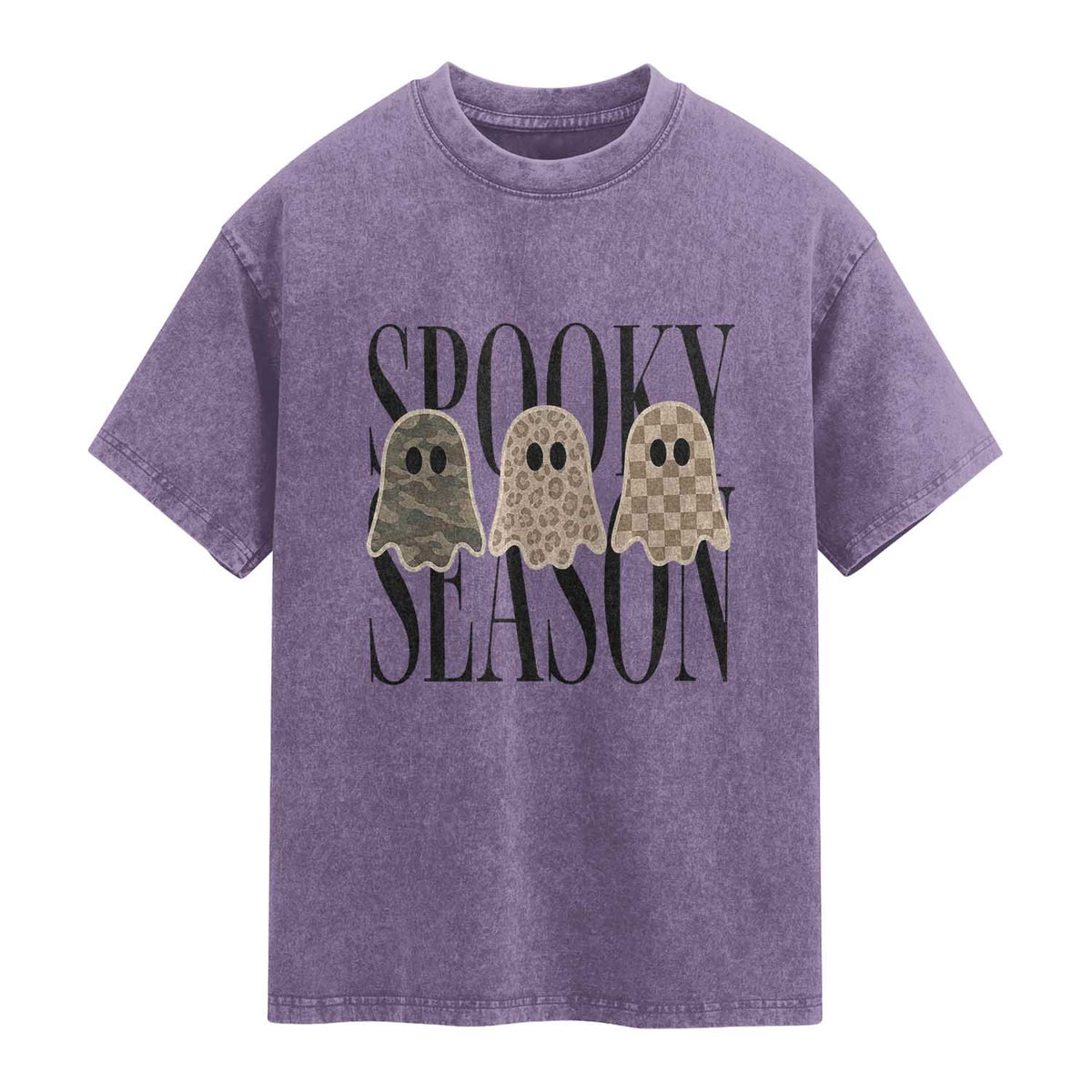 Spooky Season Camo Leopard Checkered Ghosts Halloween Graphic Washed Cotton T-Shirt