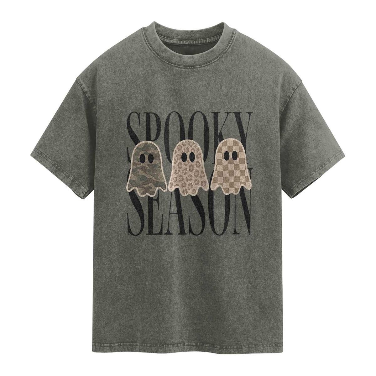 Spooky Season Camo Leopard Checkered Ghosts Halloween Graphic Washed Cotton T-Shirt