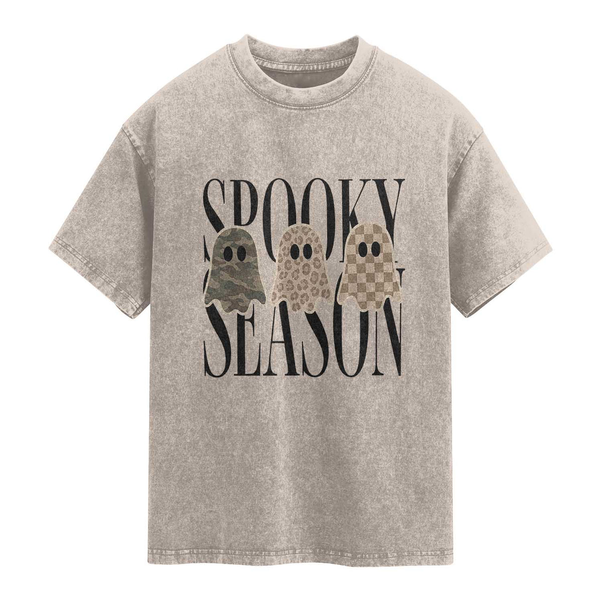 Spooky Season Camo Leopard Checkered Ghosts Halloween Graphic Washed Cotton T-Shirt