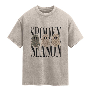 Spooky Season Camo Leopard Checkered Ghosts Halloween Graphic Washed Cotton T-Shirt