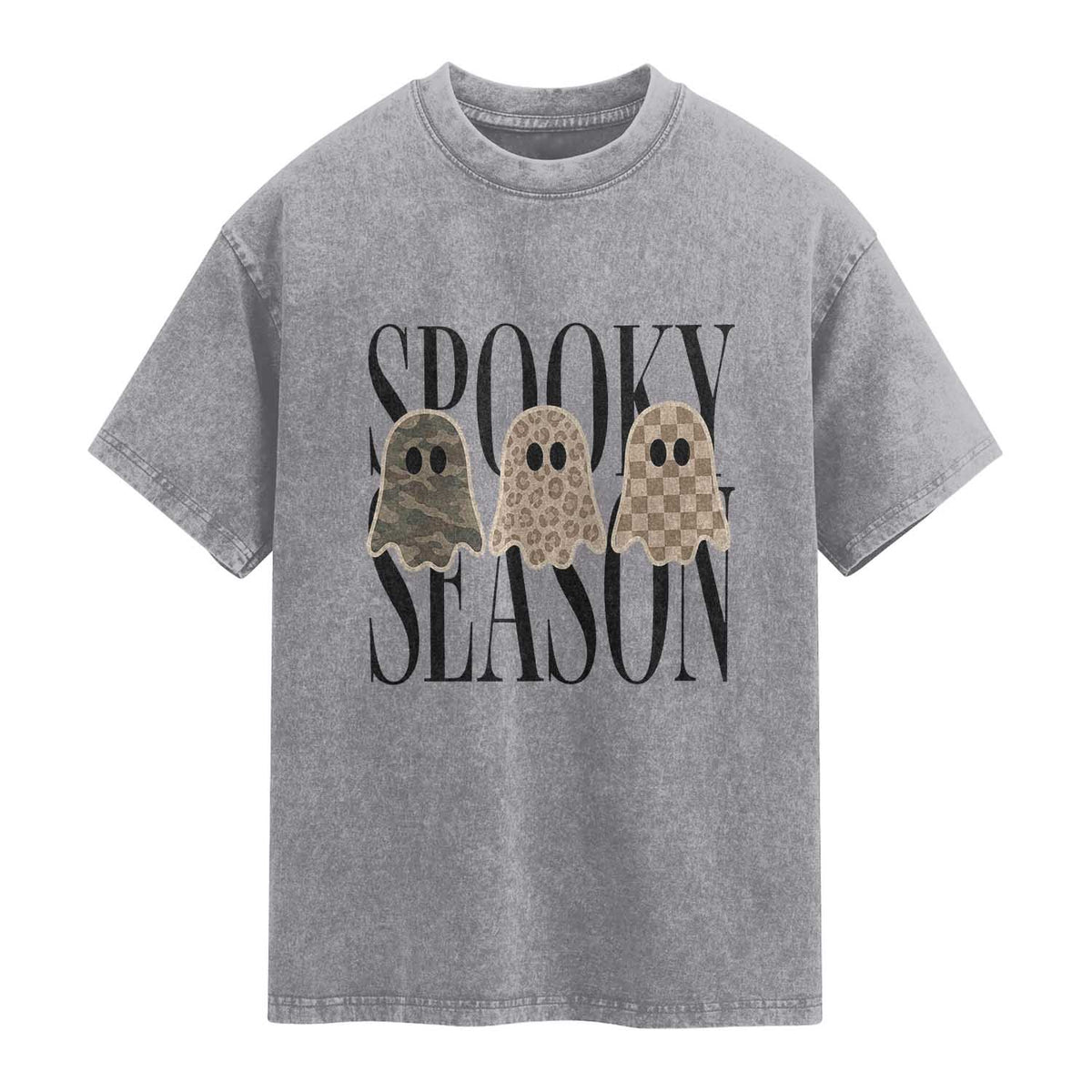 Spooky Season Camo Leopard Checkered Ghosts Halloween Graphic Washed Cotton T-Shirt