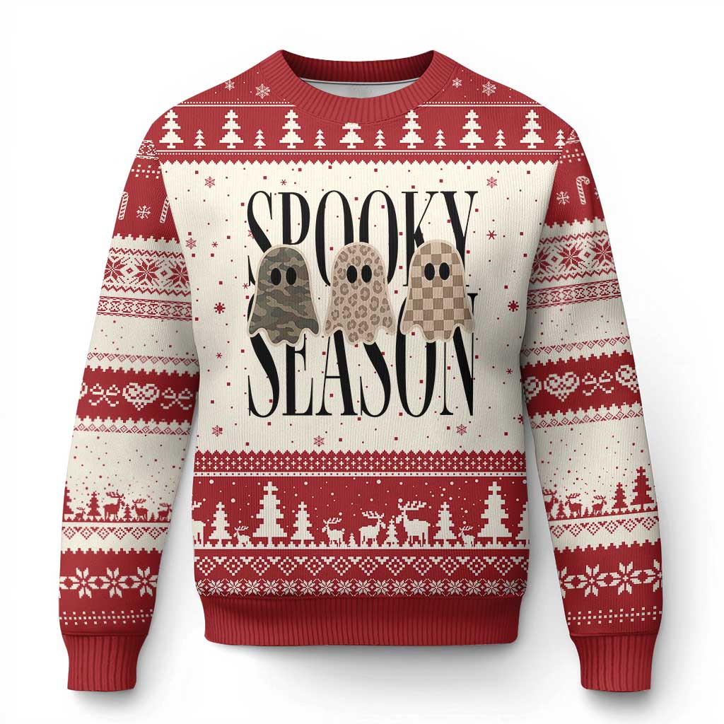 Spooky Season Camo Leopard Checkered Ghosts Halloween Graphic Ugly Christmas Sweater