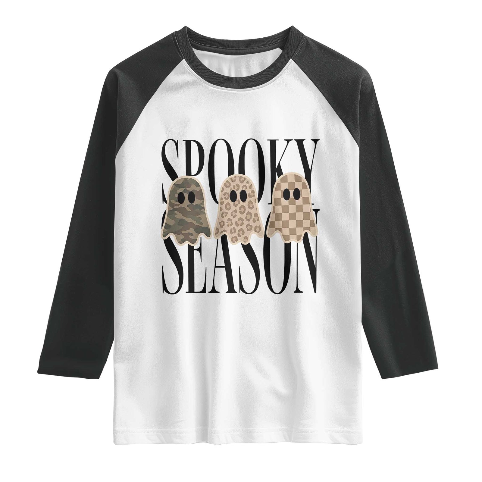 Spooky Season Camo Leopard Checkered Ghosts Halloween Graphic Raglan Shirt