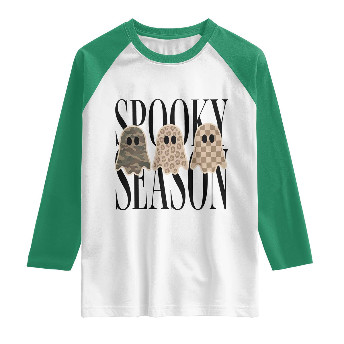Spooky Season Camo Leopard Checkered Ghosts Halloween Graphic Raglan Shirt
