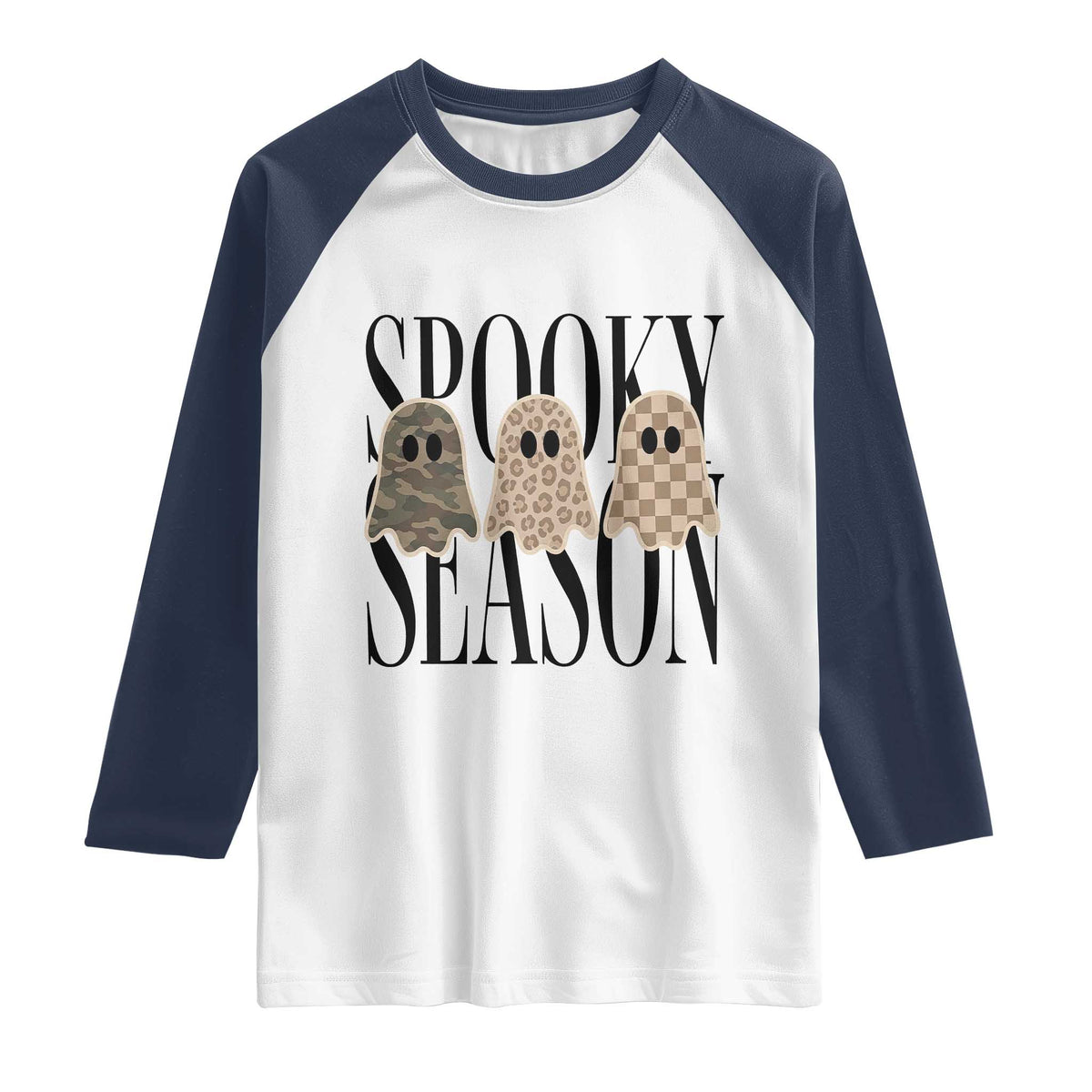 Spooky Season Camo Leopard Checkered Ghosts Halloween Graphic Raglan Shirt