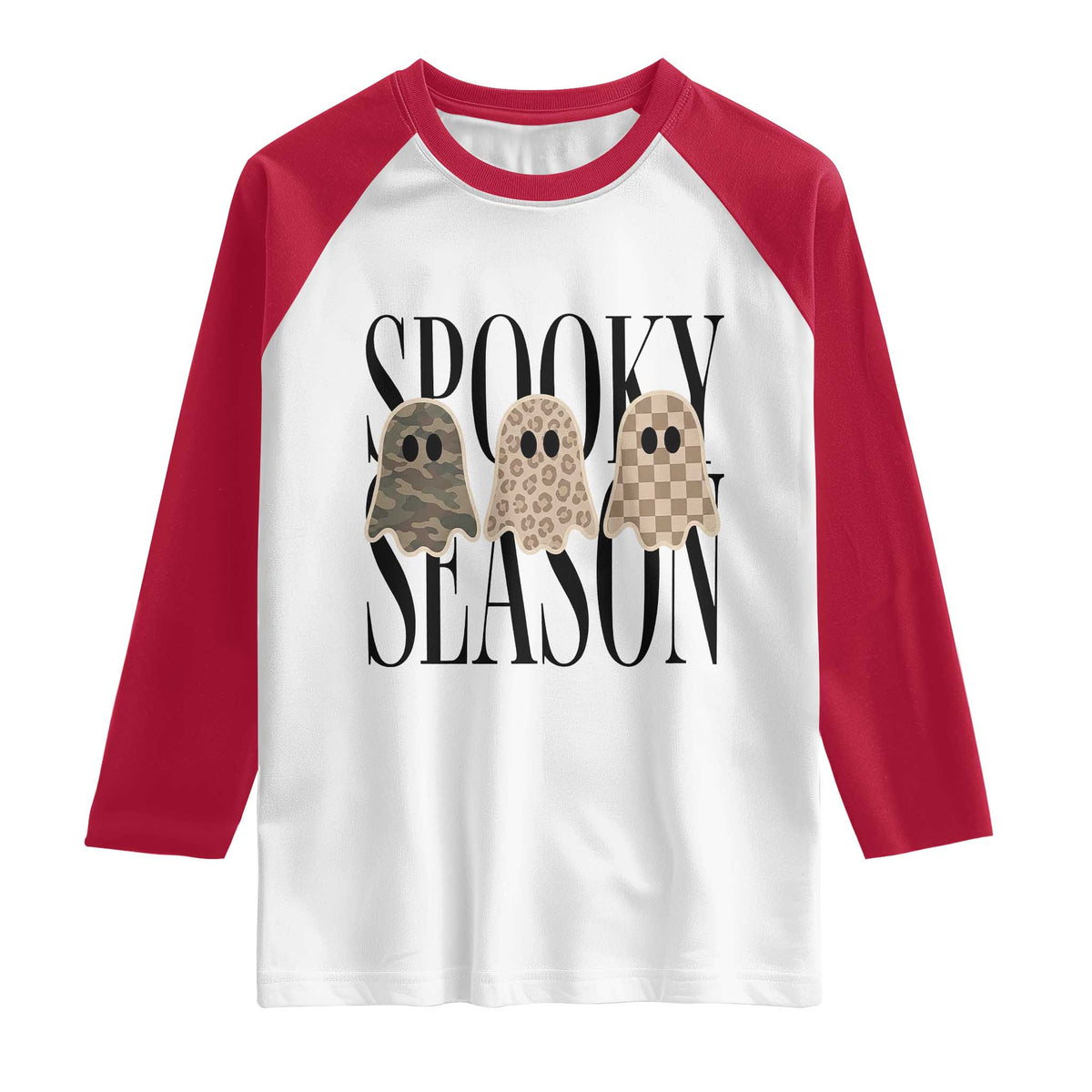 Spooky Season Camo Leopard Checkered Ghosts Halloween Graphic Raglan Shirt