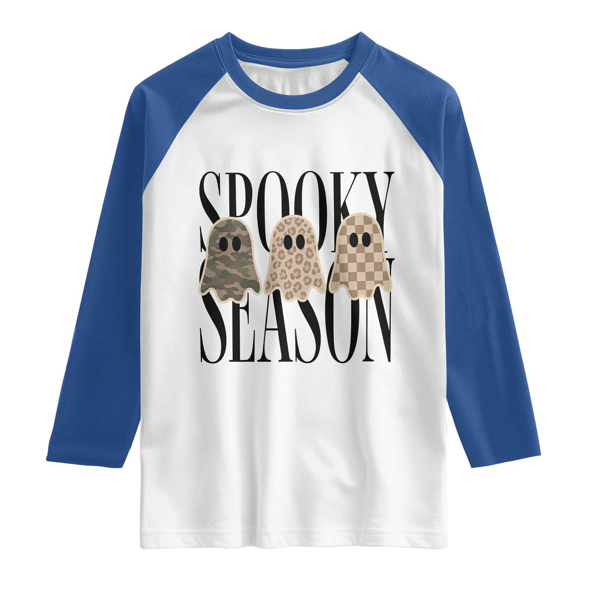 Spooky Season Camo Leopard Checkered Ghosts Halloween Graphic Raglan Shirt