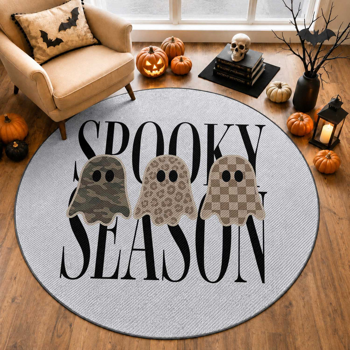 Spooky Season Camo Leopard Checkered Ghosts Halloween Graphic Round Rug