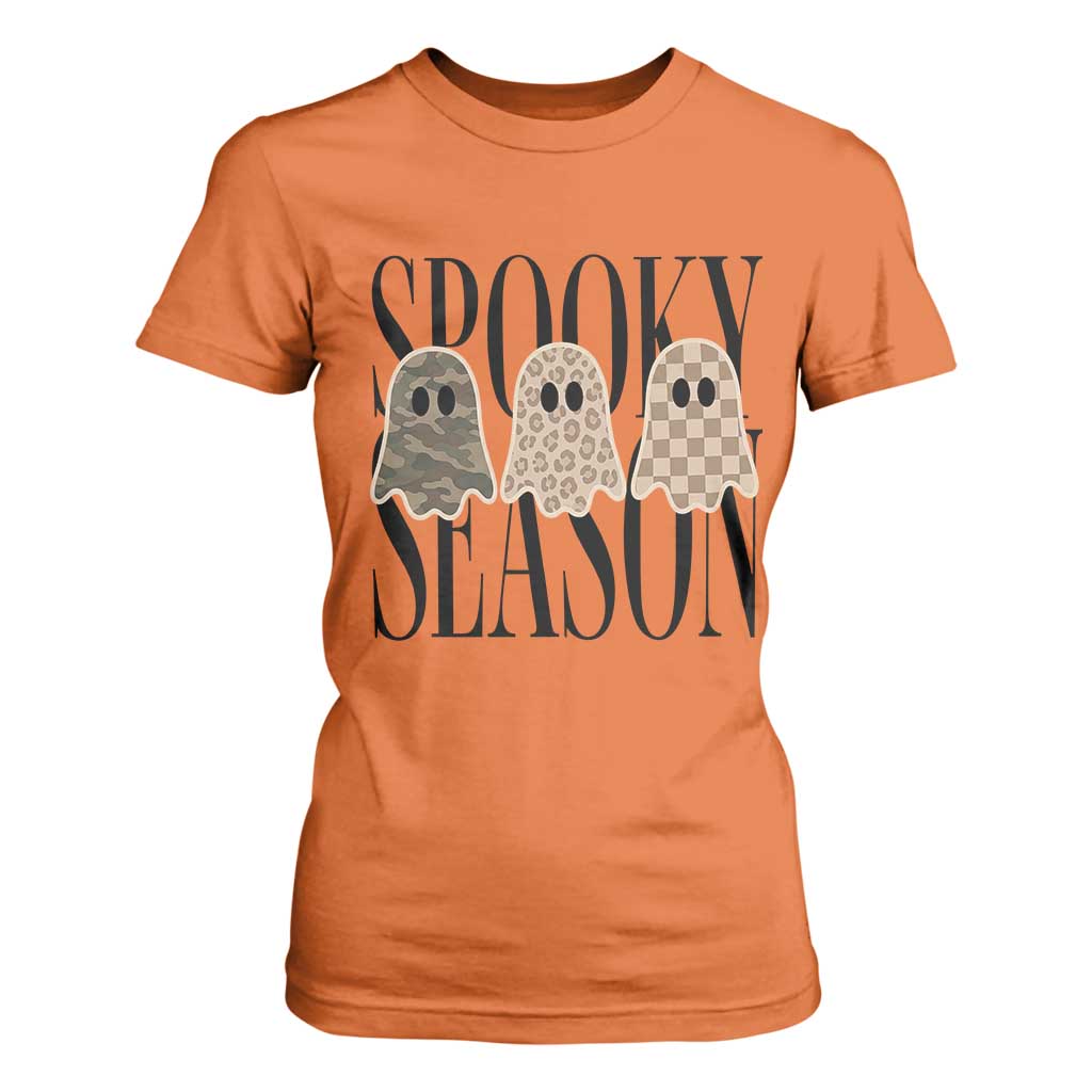 Spooky Season Camo Leopard Checkered Ghosts Halloween Graphic T Shirt For Women