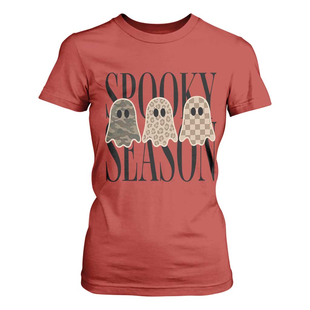 Spooky Season Camo Leopard Checkered Ghosts Halloween Graphic T Shirt For Women