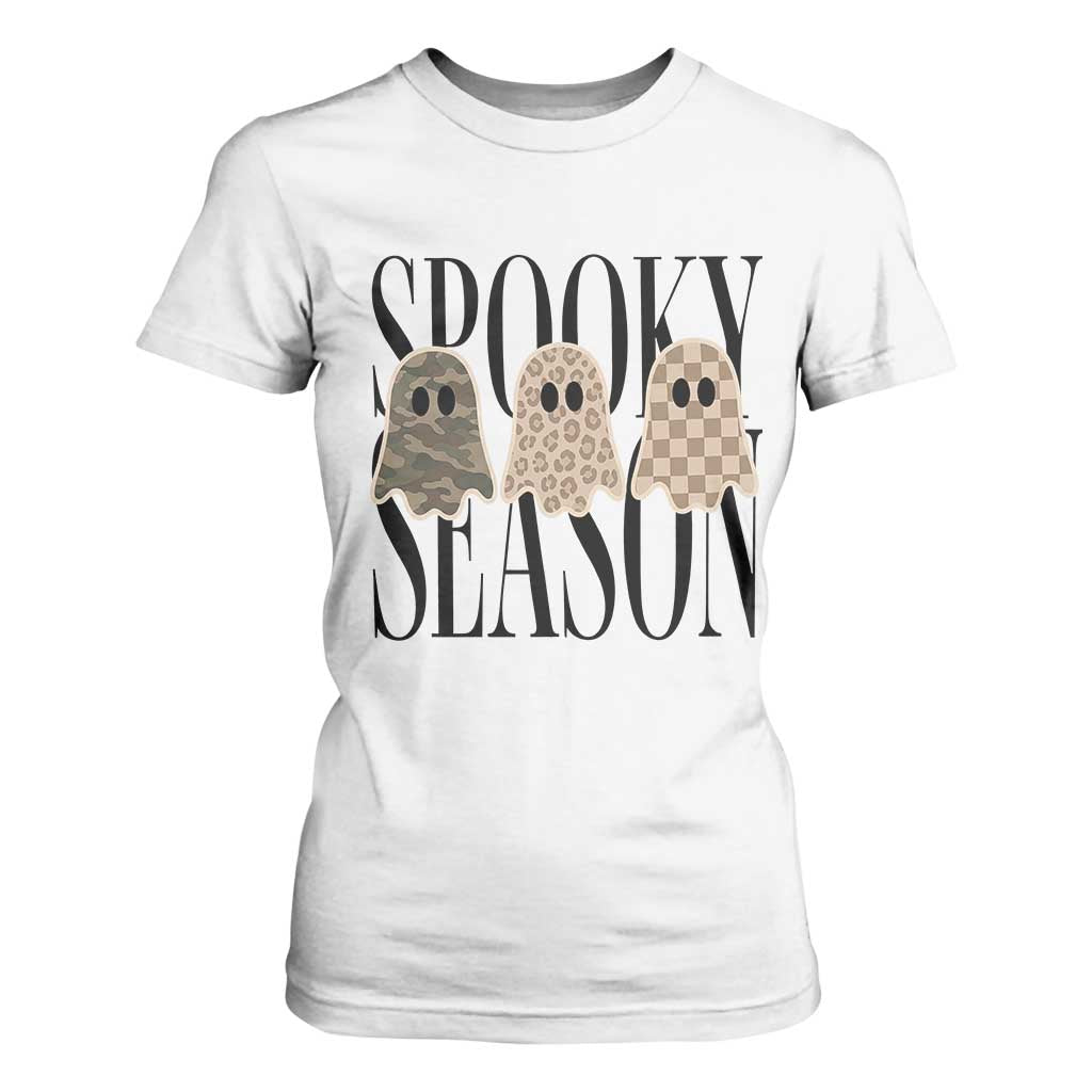 Spooky Season Camo Leopard Checkered Ghosts Halloween Graphic T Shirt For Women