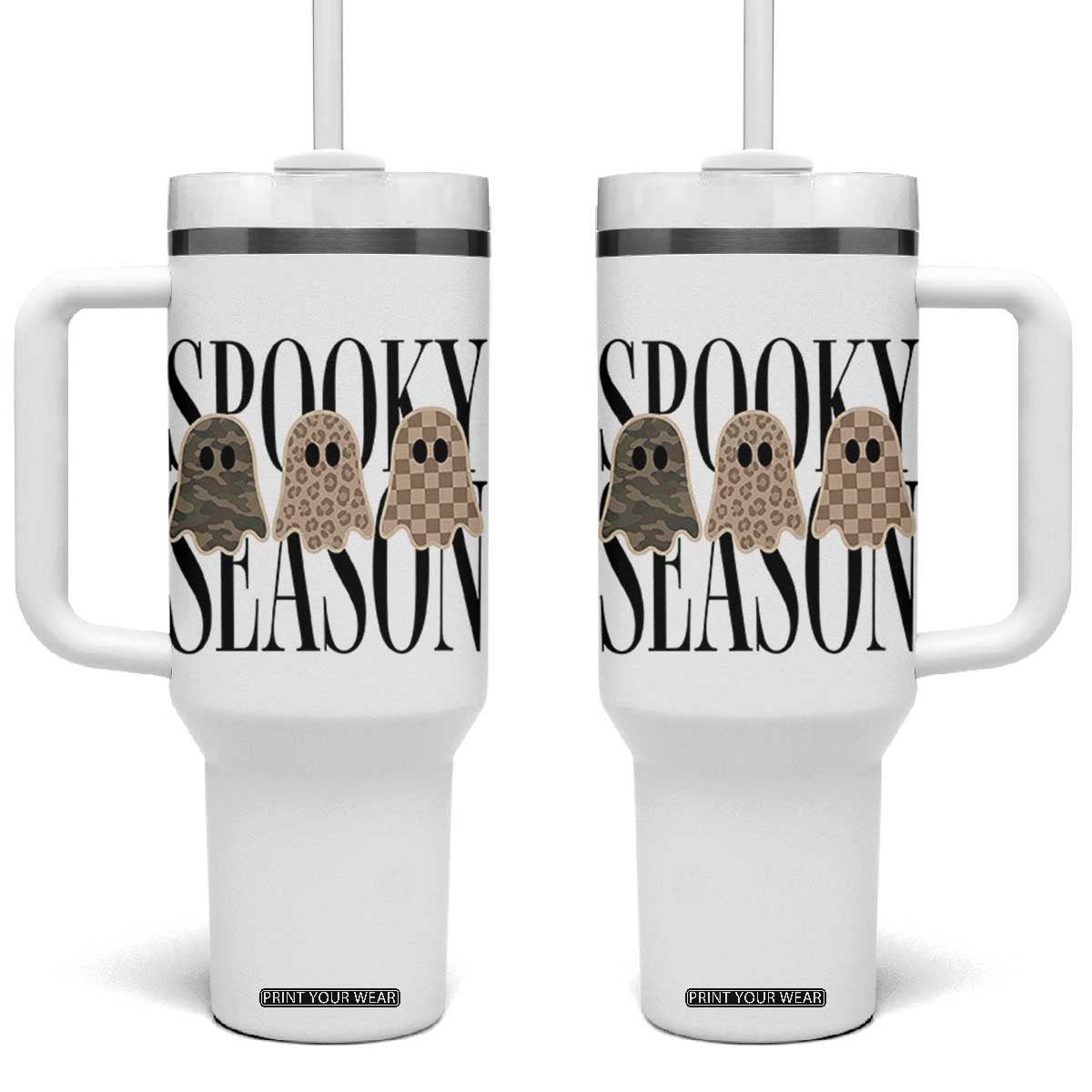 Spooky Season Camo Leopard Checkered Ghosts Halloween Graphic Tumbler With Handle
