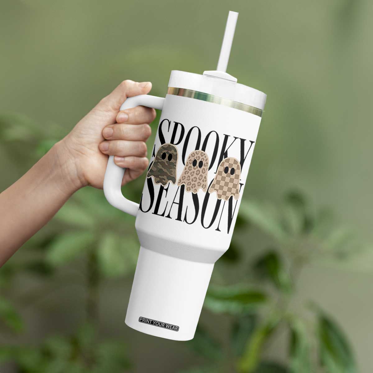 Spooky Season Camo Leopard Checkered Ghosts Halloween Graphic Tumbler With Handle