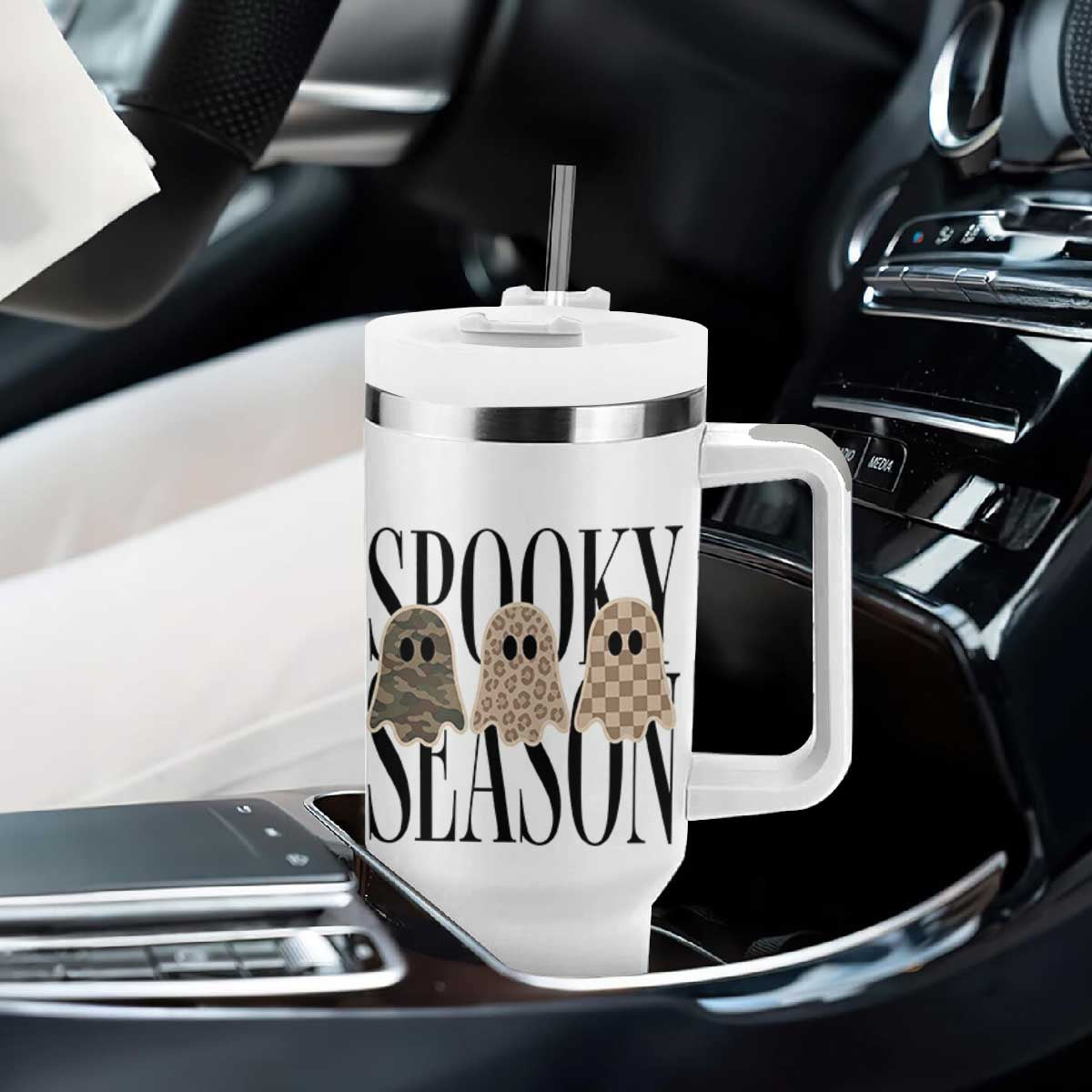Spooky Season Camo Leopard Checkered Ghosts Halloween Graphic Tumbler With Handle