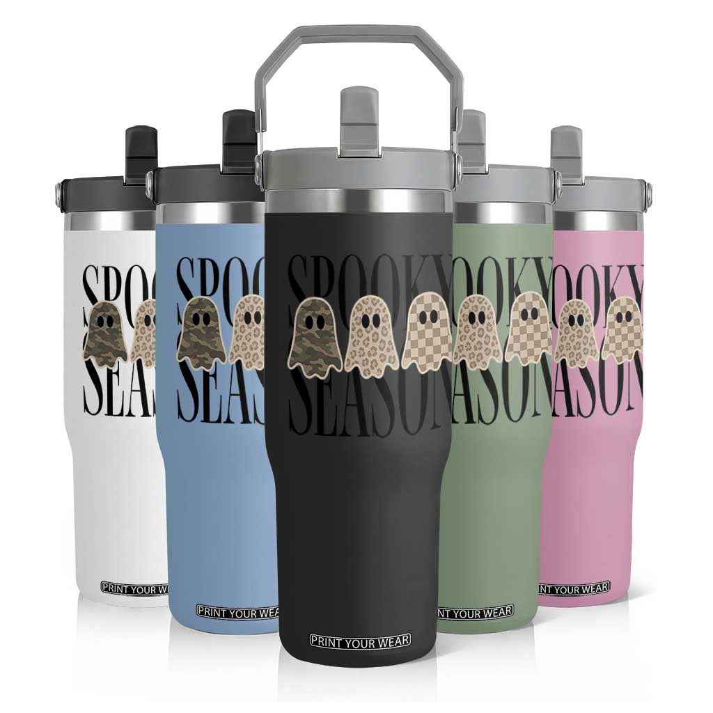 Spooky Season Camo Leopard Checkered Ghosts Halloween Graphic Flip Straw Tumbler