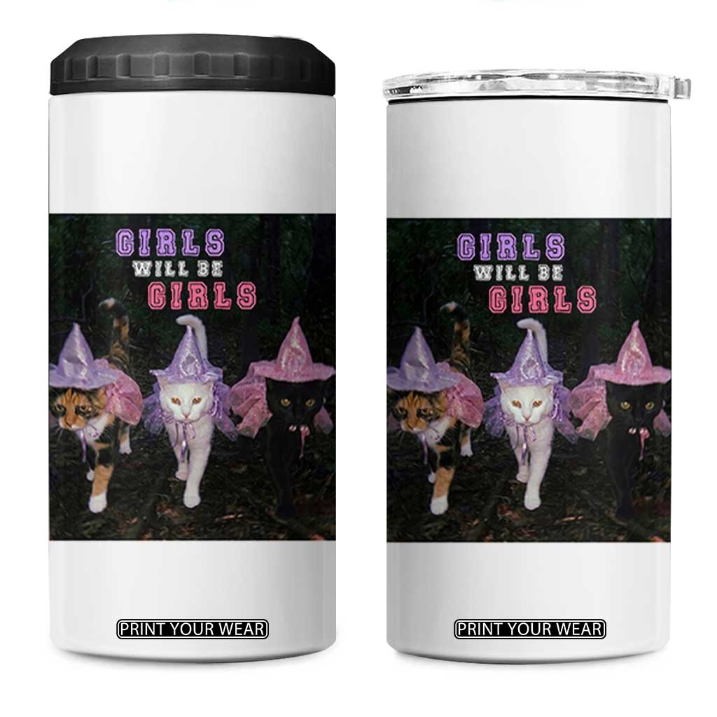 Funny Witchy Cats Girls Will Be Girls Halloween Meme 4 in 1 Can Cooler Tumbler