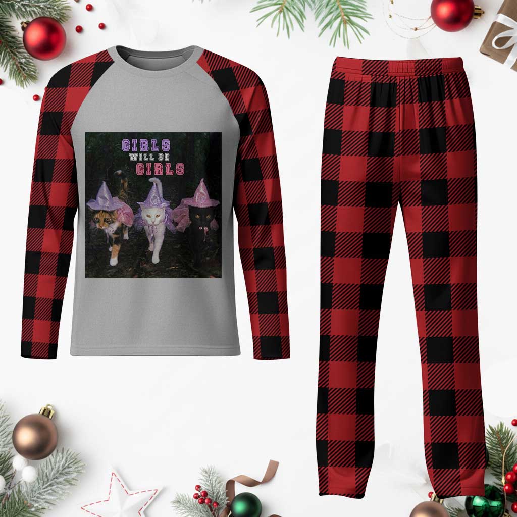 Funny Witchy Cats Girls Will Be Girls Halloween Meme Plaid Pajama Set