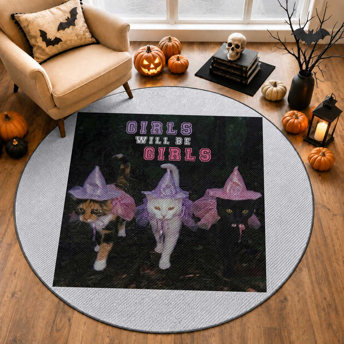 Funny Witchy Cats Girls Will Be Girls Halloween Meme Round Rug