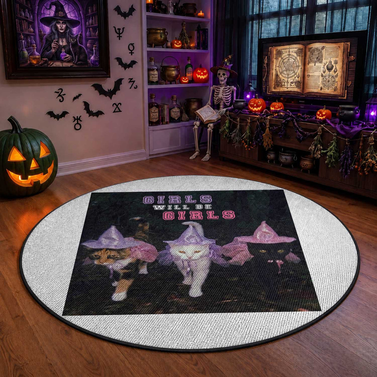 Funny Witchy Cats Girls Will Be Girls Halloween Meme Round Rug