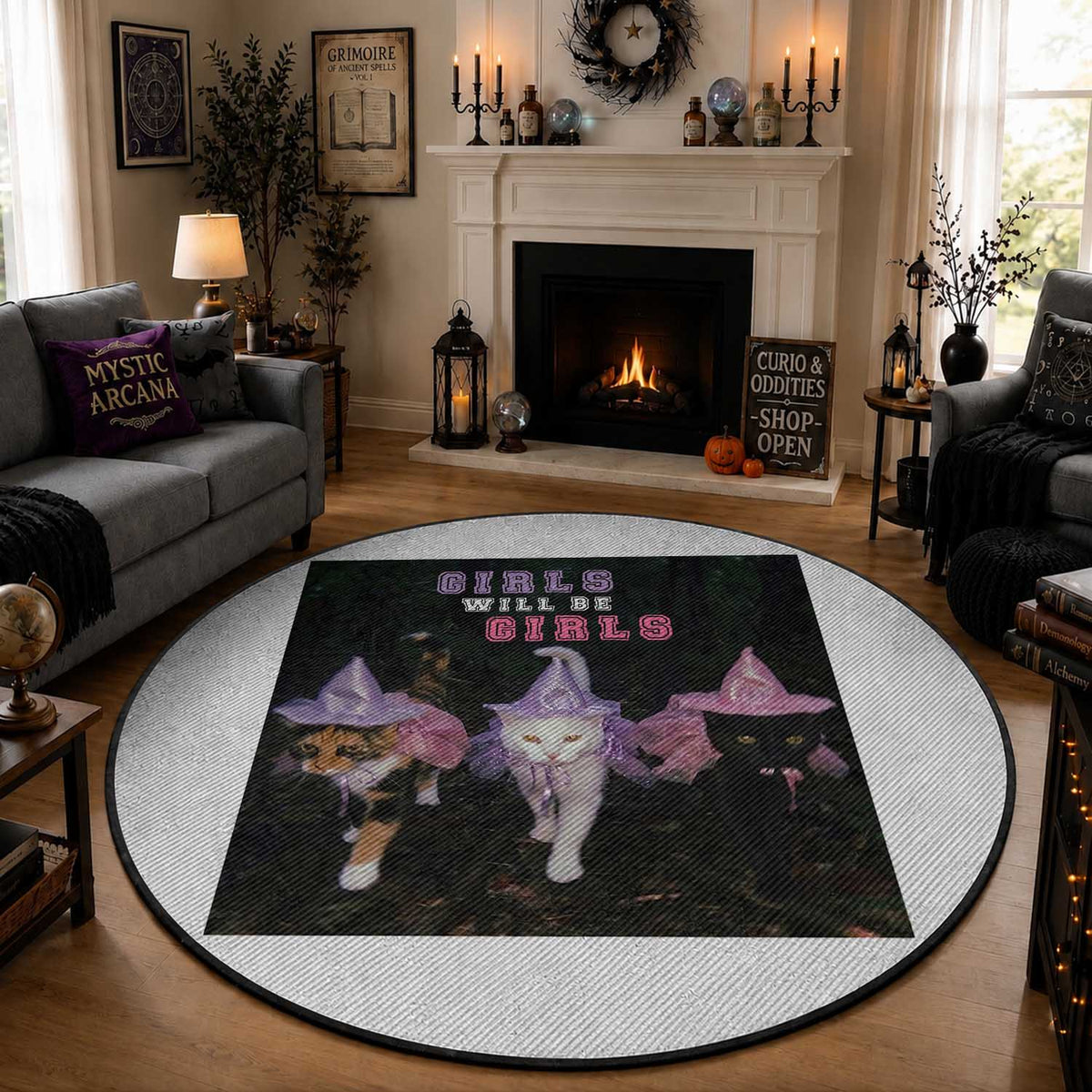 Funny Witchy Cats Girls Will Be Girls Halloween Meme Round Rug