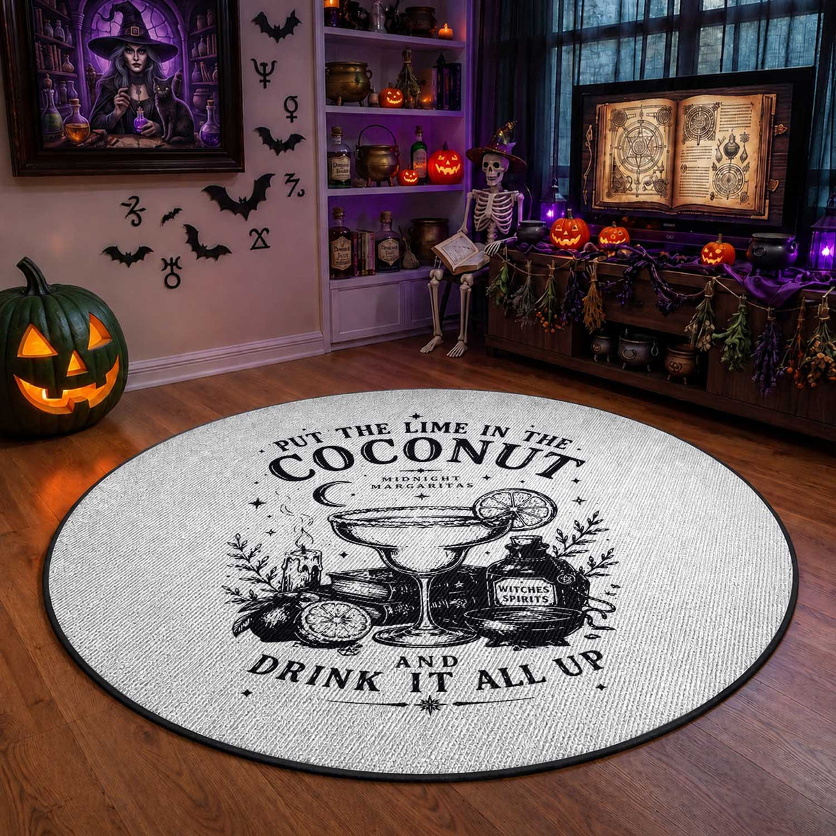 Midnight Margaritas Witchy Cocktail Halloween Round Rug Put The Lime In The Coconut Drinking